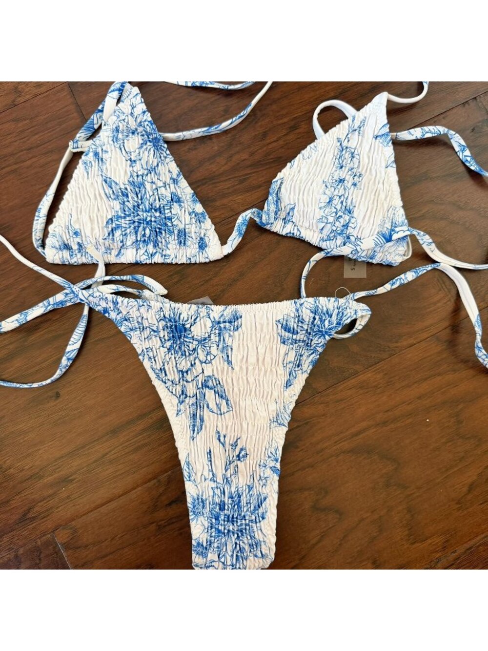Blue White Floral Smocked Ruched Bikini Size Small